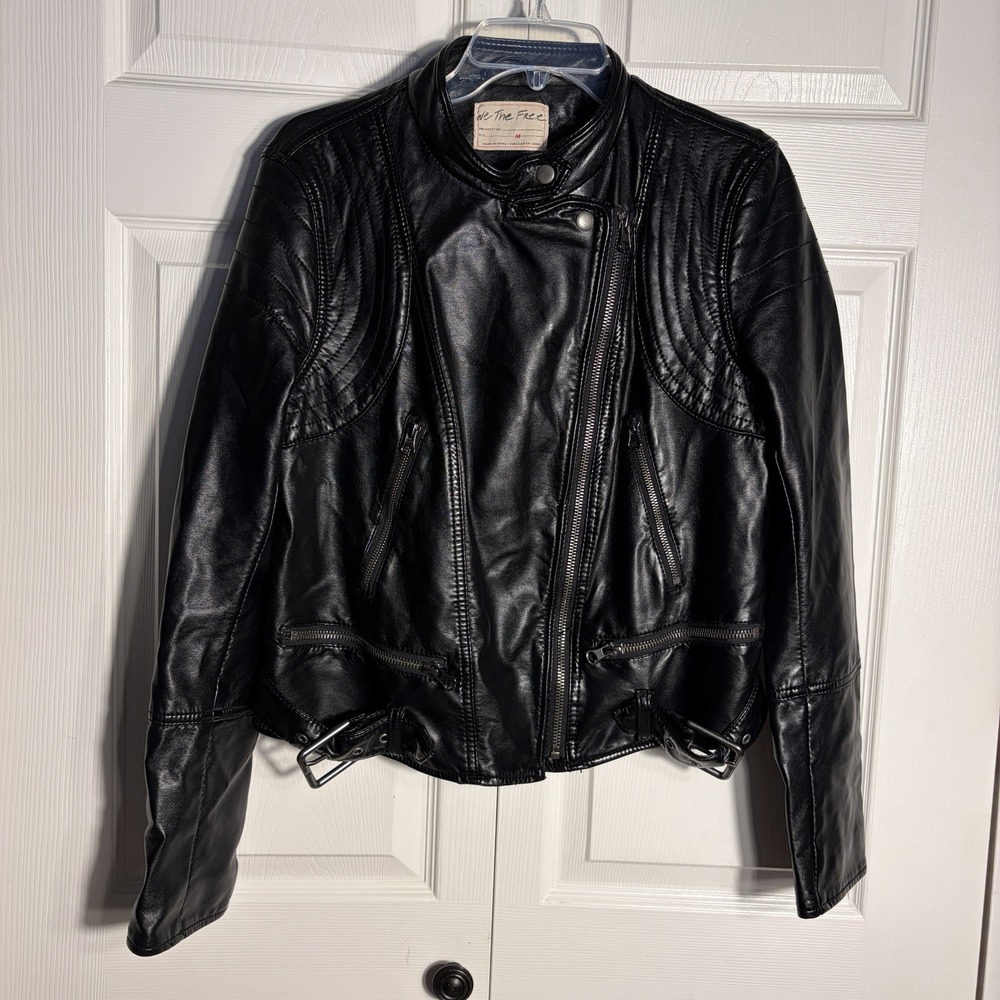 We The Free Heartbreaker Moto Jacket Women M Black Vegan Full Zip Biker Buckle